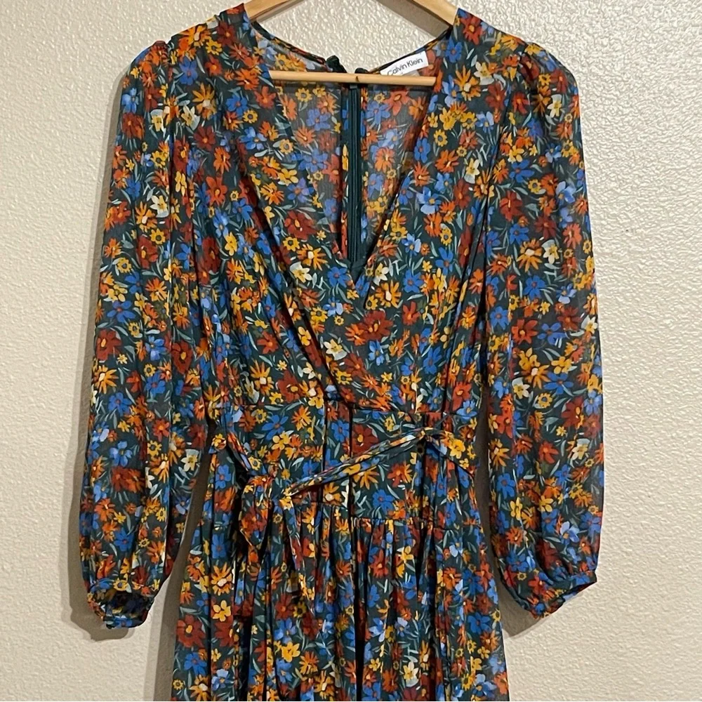 Surplice‎ Neck Three-Quarter Sleeve Floral Print Faux Wrap Midi Dress Sz 8 - Picture 3 of 14
